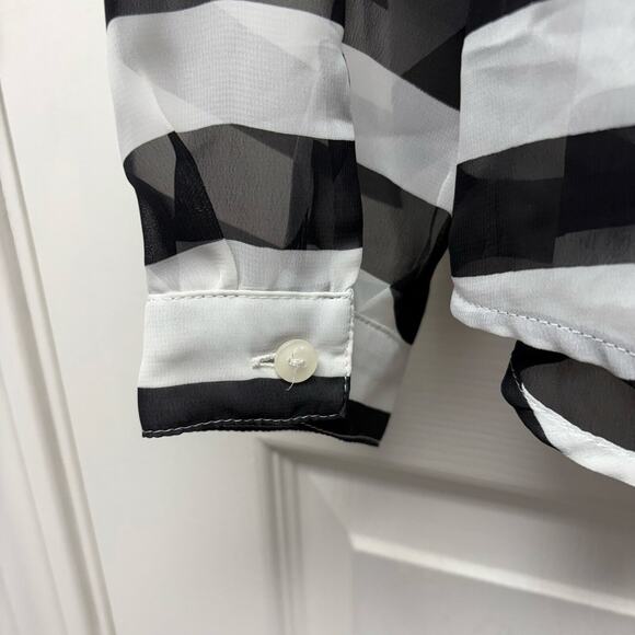 Lauren Conrad Sheer White Blouse, Black Stripes, Lace Collar, Button Up, Size M - Picture 4 of 5